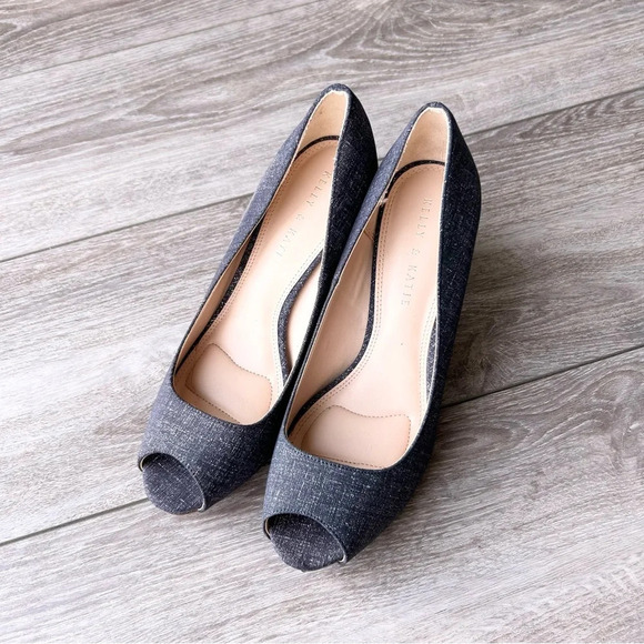 Kelly & Katie Denim Blue Frisisi Block Heel Peep-toe Pumps - Picture 1 of 14